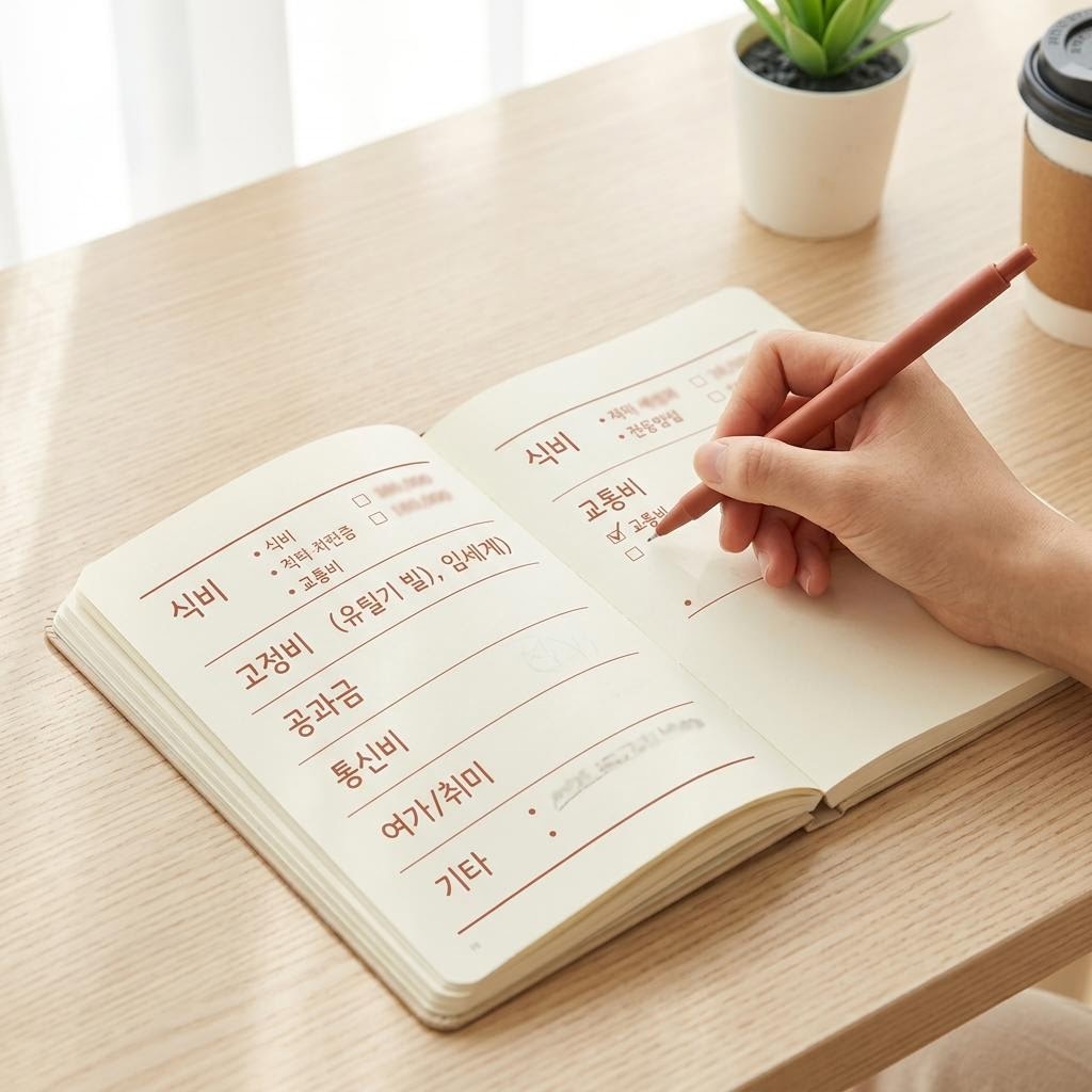 한 달 지출 항목을 가계부에 나누어 적는 모습