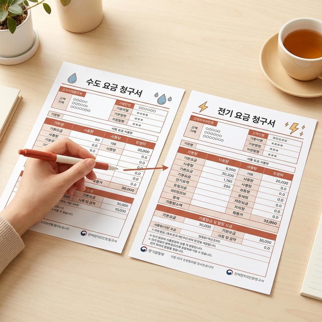 수도와 전기 공과금 청구서를 나란히 펼쳐 둔 모습